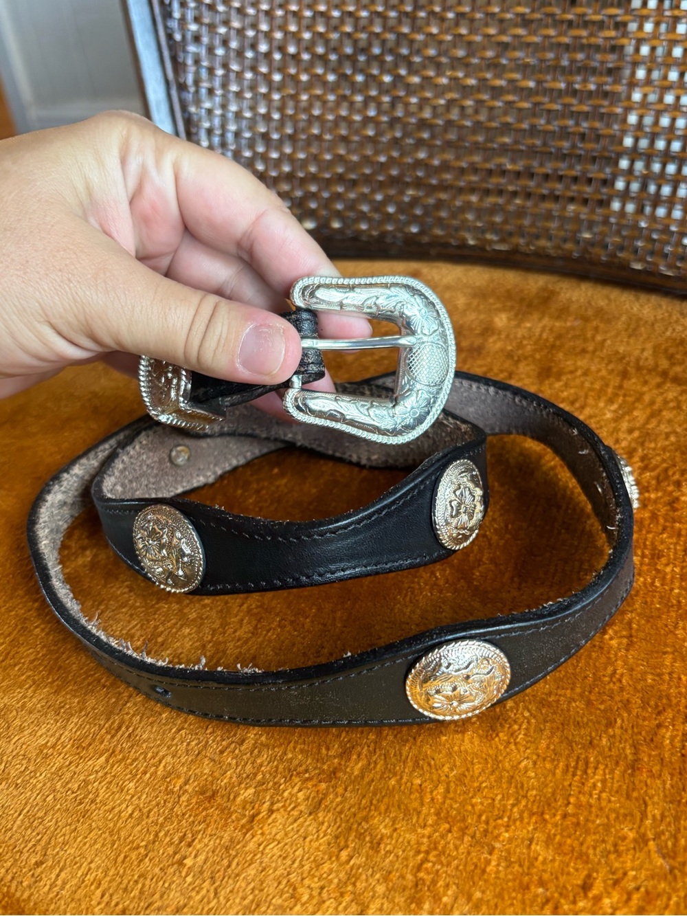 Vintage Nocona Black Leather Western Concho Belt Silver Tone Buckle 30